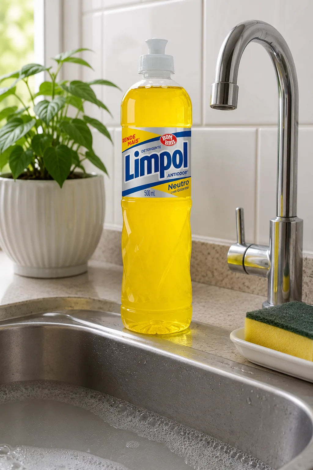 Frasco de detergente neutro Limpol 500 ml sobre a bancada da pia da cozinha, ao lado de uma esponja e de uma planta decorativa.