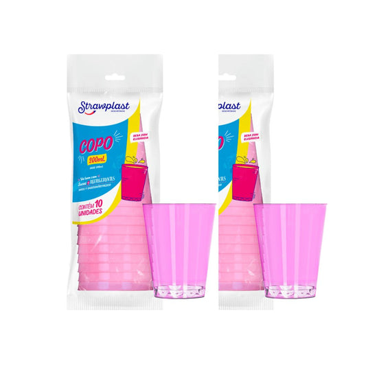 2 Pacotes de Copo Acrílico Rosa Neon 200ml Strawplast com 10 unidades - e - dona