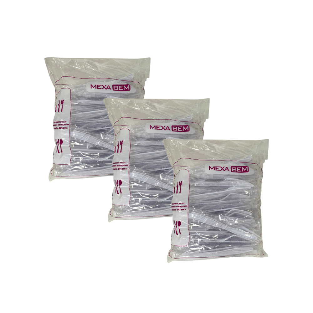Kit com 3 Pacotes Garfo + Faca Branca Mexabem