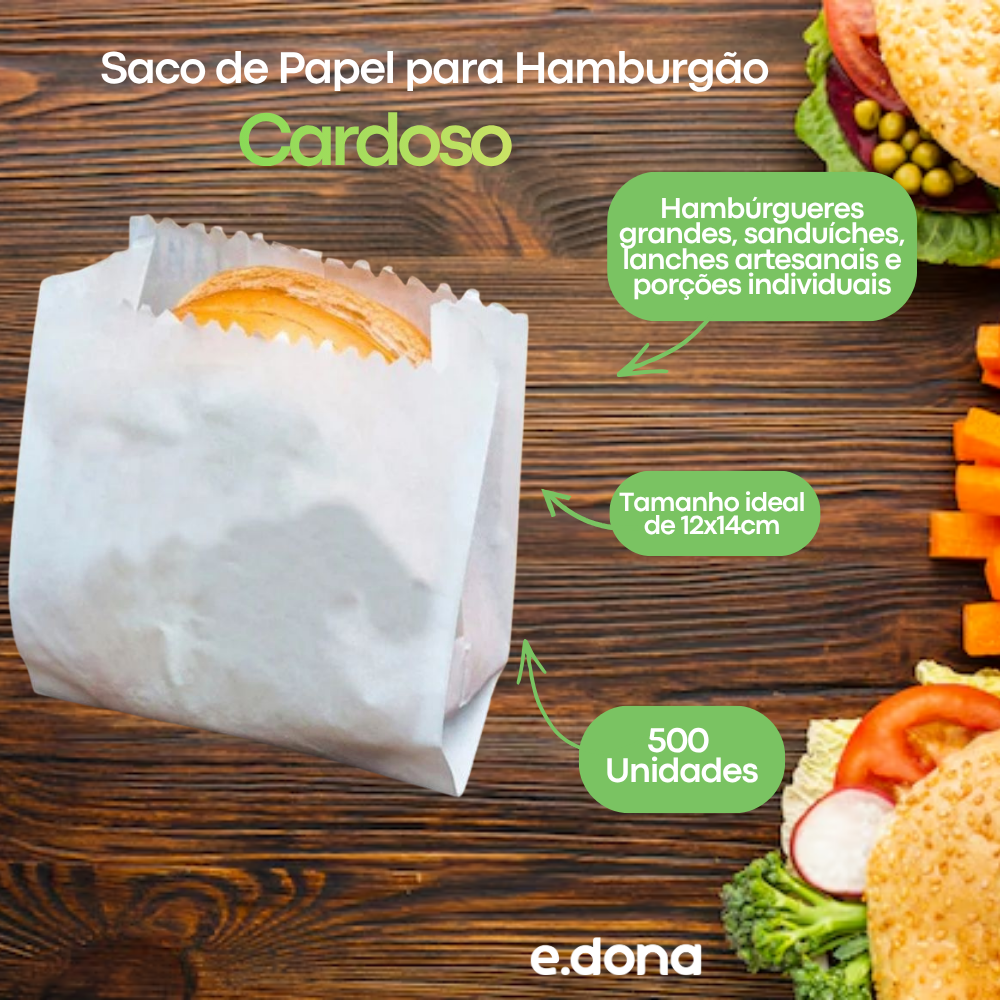 Saco de Papel Descartável 12x14cm para Hamburgão com 500 unidades Cardoso