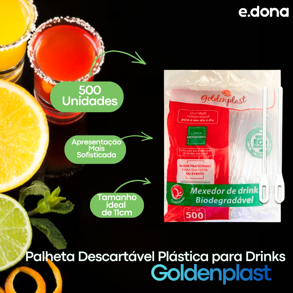 Palheta Descartável Plástica para Drinks 11cm Goldenplast - 500 Unidades