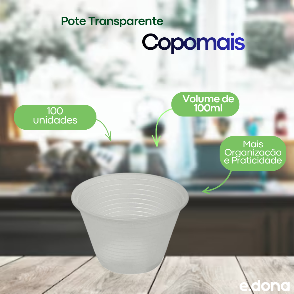 Pote de 100ml Transparente Copomais PS com 100 unidades