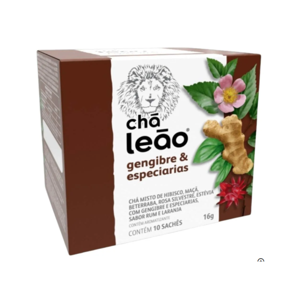 Caixa de chá Leão de Gengibre & Especiarias. A embalagem é predominantemente branca e marrom escura e apresenta a ilustração de um leão, um pedaço de gengibre e uma flor de hibisco. A caixa indica que é um chá misto de hibisco, maçã, beterraba, rosa silvestre, estévia com gengibre e especiarias, com sabor de rum e laranja. Contém 10 sachês e tem 16g de peso líquido.