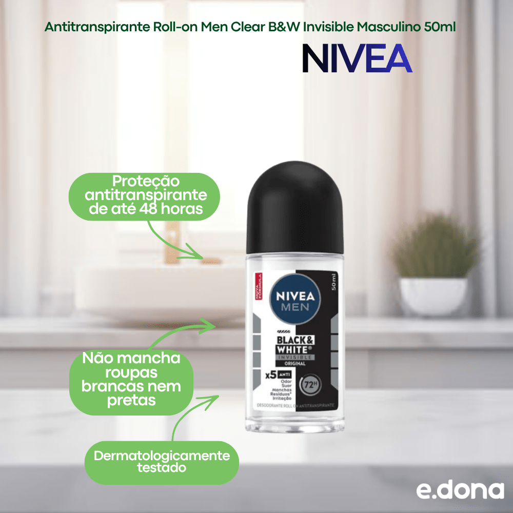 Antitranspirante Roll - on NIVEA Men Clear B&W Invisible Masculino 50ml - e - dona