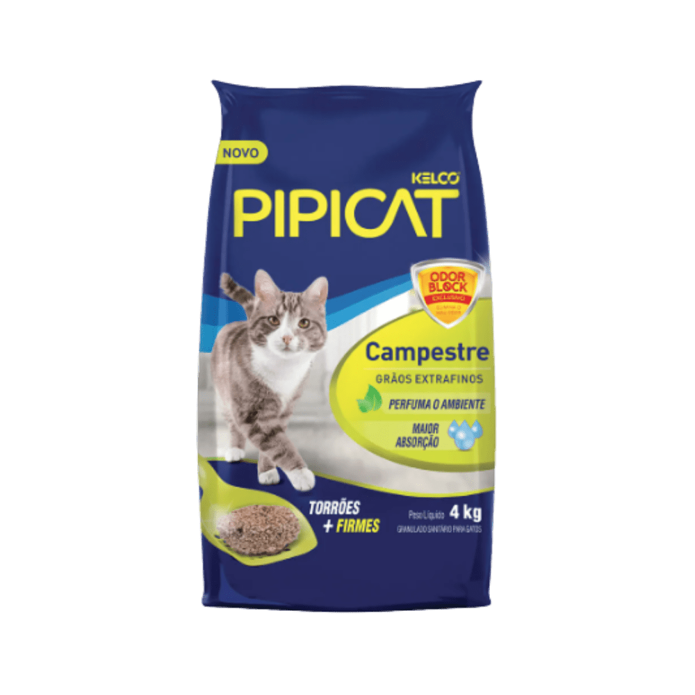 Saco de 4 kg de granulado sanitário (areia higiênica) para gatos, da linha Pipicat Campestre (Kelco). A embalagem é azul marinho e mostra um gato malhado cinza e branco. O produto é da linha "Campestre - Grãos extrafinos" e apresenta selos de "ODOR BLOCK EXCLUSIVO", "TORRÕES + FIRMES", "MAIOR ABSORÇÃO" e a promessa de "PERFUMA O AMBIENTE". Uma pá com areia aglomerada (torrões) aparece na parte inferior esquerda. O peso líquido de 4 kg está destacado.
