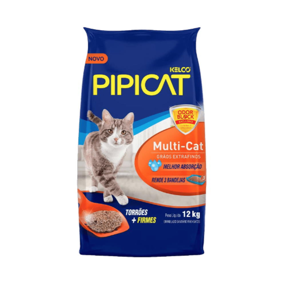 Saco de 12 kg de granulado sanitário (areia higiênica) para gatos da linha Pipicat Multi-Cat (Kelco). A embalagem é azul marinho e mostra um gato malhado cinza e branco. O produto é da linha "Multi-Cat - Grãos extrafinos" e apresenta selos de "ODOR BLOCK EXCLUSIVO", "TORRÕES + FIRMES", "MELHOR ABSORÇÃO" e a promessa de "Rende 3 bandejas". Uma pá com areia aglomerada (torrões) aparece na parte inferior esquerda. O peso líquido de 12 kg está destacado.