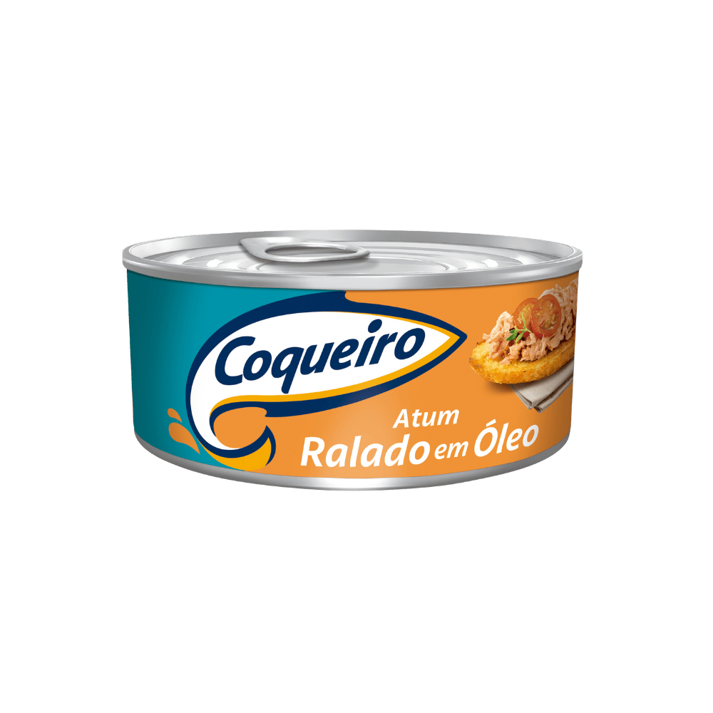 Lata de conserva de atum da marca Coqueiro, desta vez na variedade "Atum Ralado em Óleo". O rótulo é laranja e azul-turquesa. O logo "Coqueiro" está em destaque na cor azul. No lado direito da lata, há uma foto de um sanduíche ou torrada coberta com o atum ralado, tomate picado e uma folha de tempero.