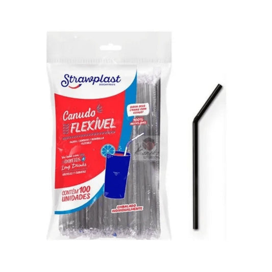 Canudo Flexível Sachê Preto 6mm Strawplast com 100 unidades - e - dona