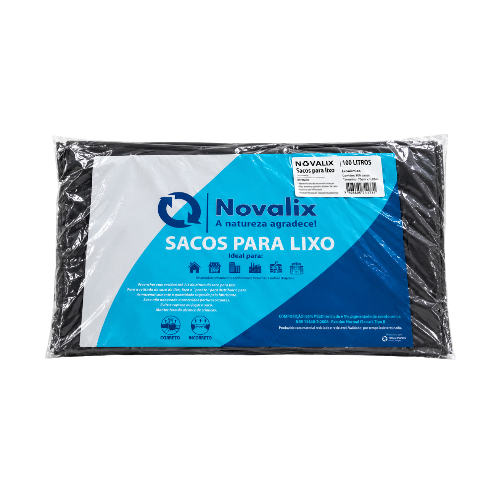 Saco para Lixo 100L Preto Novalix 75x95cm - Pacote com 100 Unidades