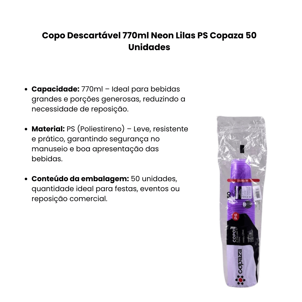 Copo Descartável 770ml Neon Lilas PS Copaza 50 Unidades - e - dona