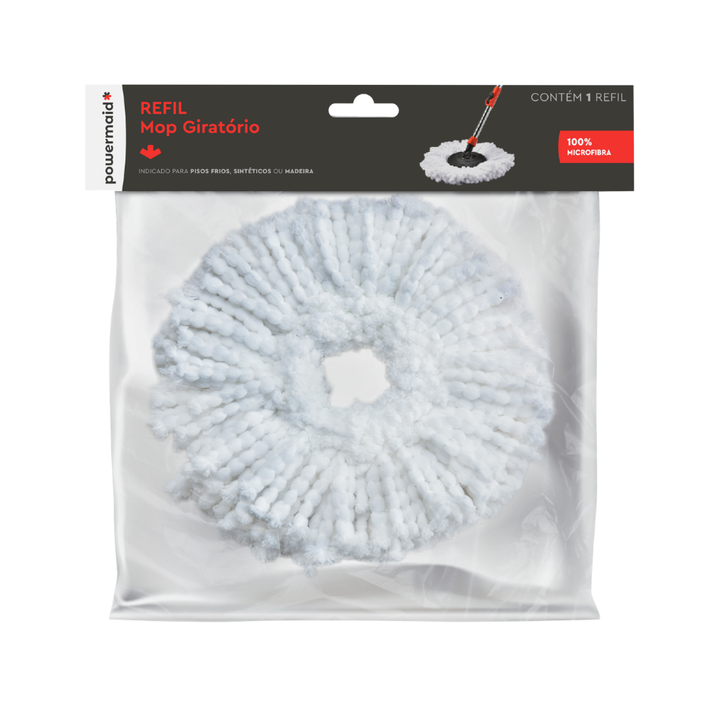 Refil de microfibra branca embalado num saco plástico transparente com encarte da marca Powermaid contendo o título "Refil Mop Giratório".