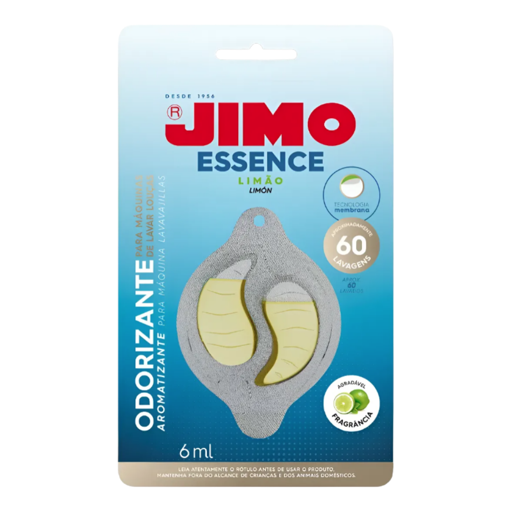 Embalagem do Odorizante Jimo Essence Limão 6 ml para máquina de lavar louças, com fragrância de limão e até 60 lavagens.