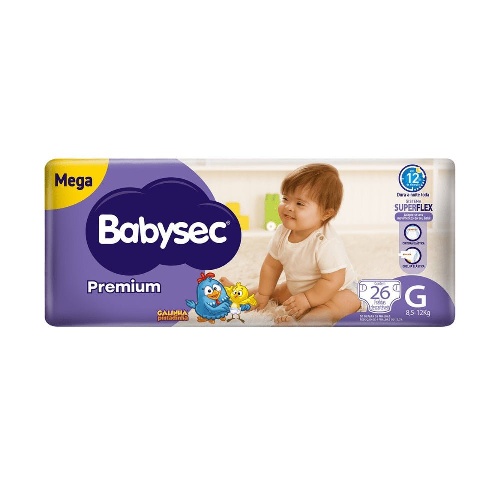 Fralda Babysec Premium Mega G com 26 unidades - 8,5 a 12kg - e - dona