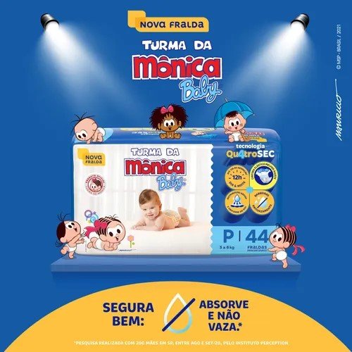 Fralda Turma da Mônica Baby P com 44 unidades - 3 a 5 kg - e - dona