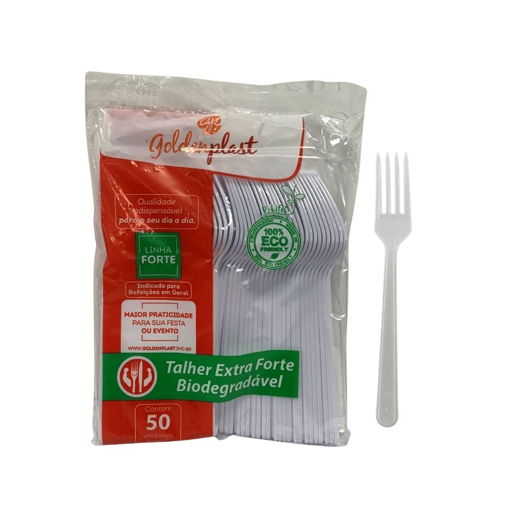 Garfo para Refeição 17,5cm Branco Reforçado Biodegradável Goldenplast com 50 unidades - e - dona