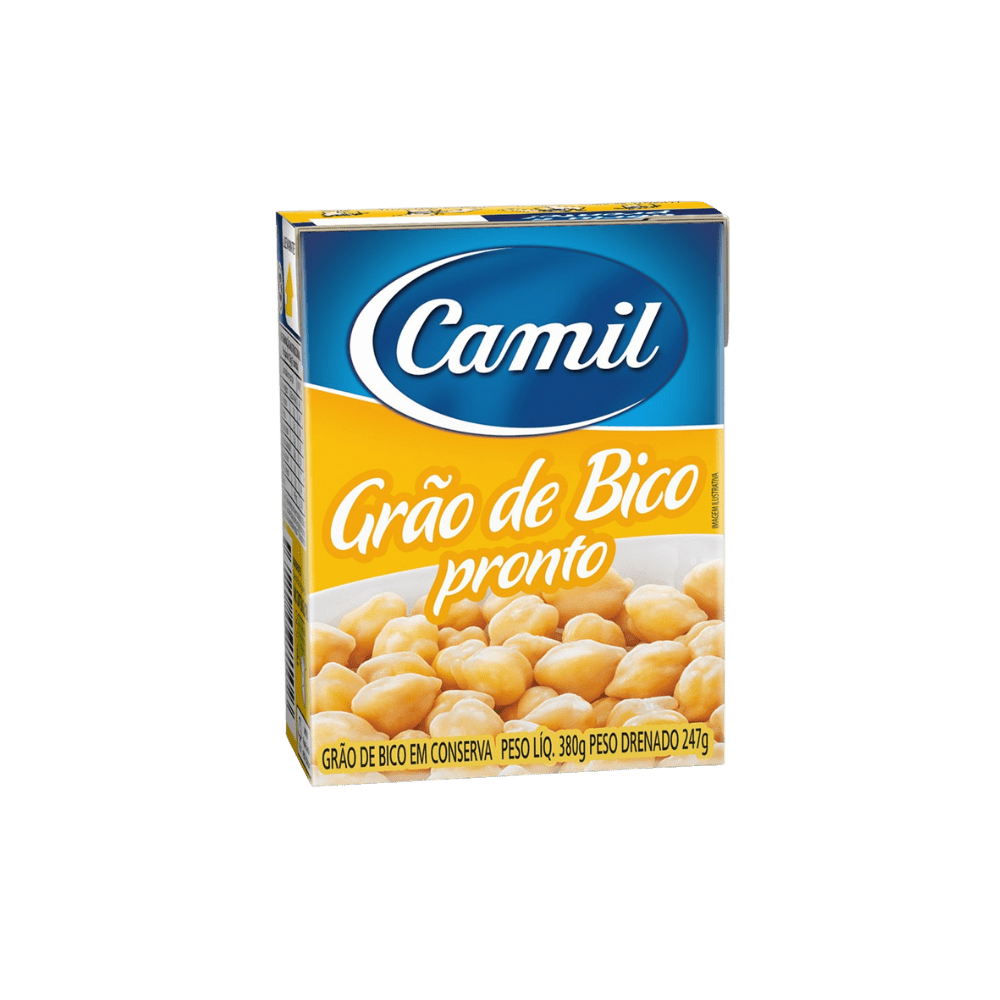 Caixa de Grão de Bico Pronto da marca Camil. A embalagem é nas cores azul e amarelo e mostra uma porção generosa de grão de bico cozido. A caixa indica que é 'Grão de Bico em Conserva', com peso líquido de 380g e peso drenado de 247g.