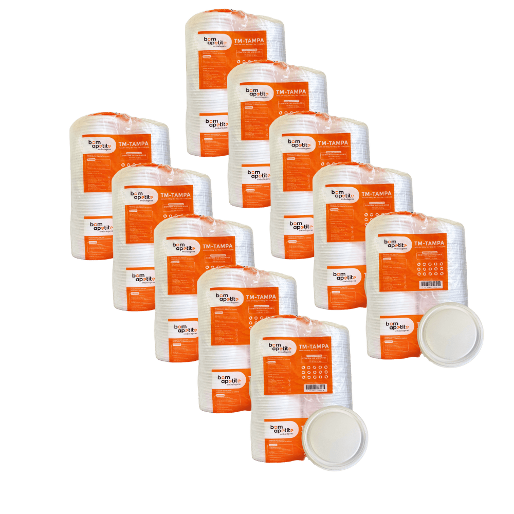 Kit 10 Pacotes Tampa Marmitex Isopor Bom Apetite c/ 50 Unidades Cada - e - dona