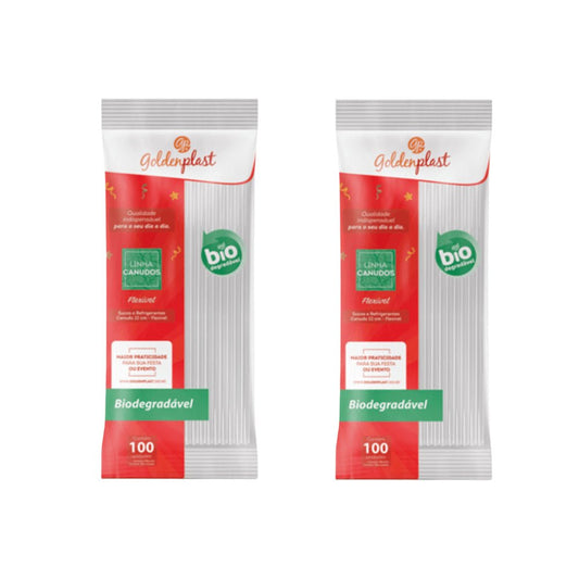 Kit 2 Pacotes de Canudo Biodegradável Flexível Transparente em sachê Goldenplast com 100 unidades - e - dona