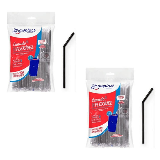 Kit 2 Pacotes de Canudos Flexível Sachê Preto 6mm Strawplast com 100 unidades - e - dona