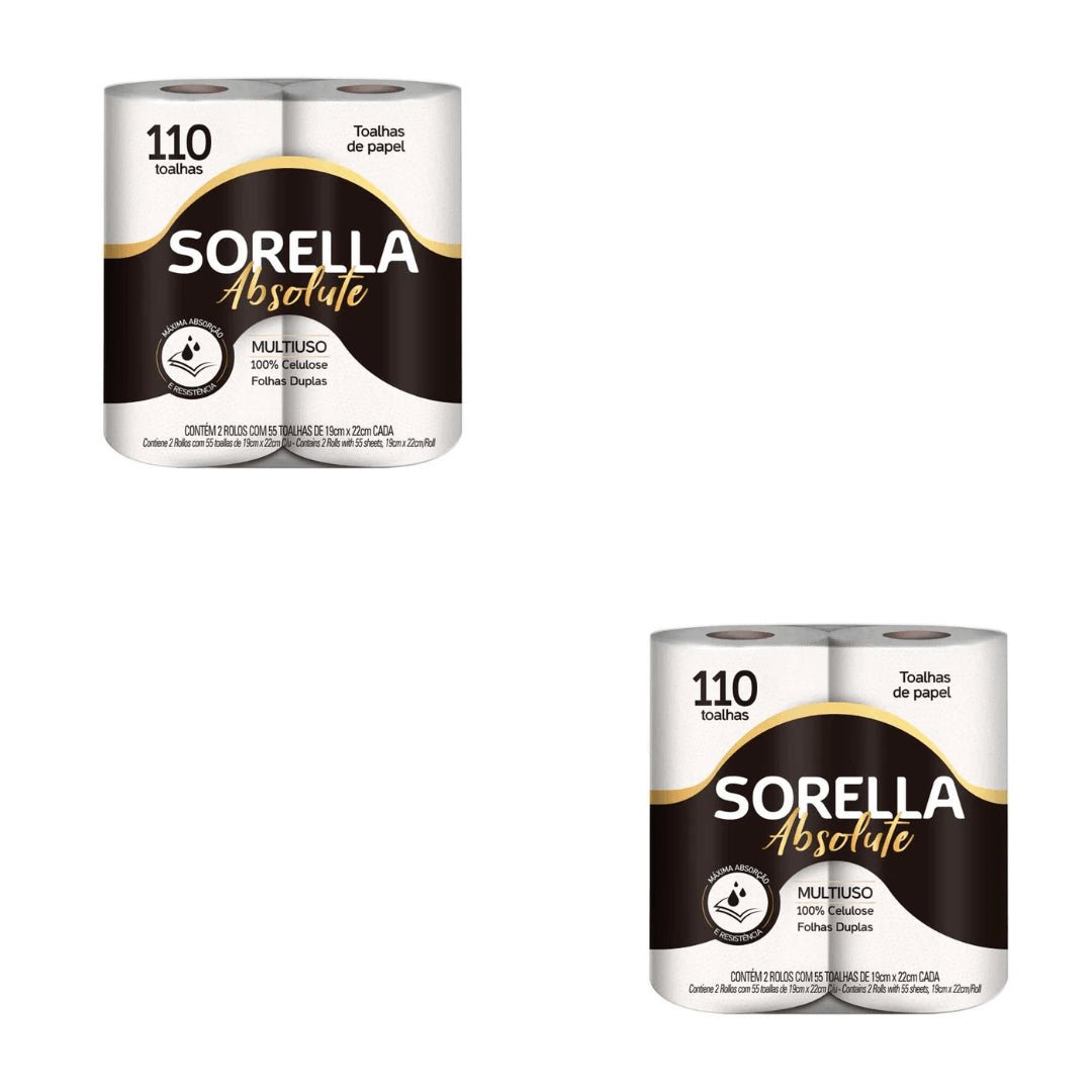 Kit 2 Pacotes de Papel toalha Sorella Absolute Folha Dupla para cozinha com 2 rolos - e - dona