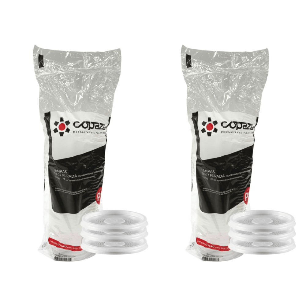 Kit 2 Pacotes de Tampa TR03/13 Translúcida para copos TP 07/13 400/440/500 e potes 200/250 com furo Copaza com 50 unidades - e - dona