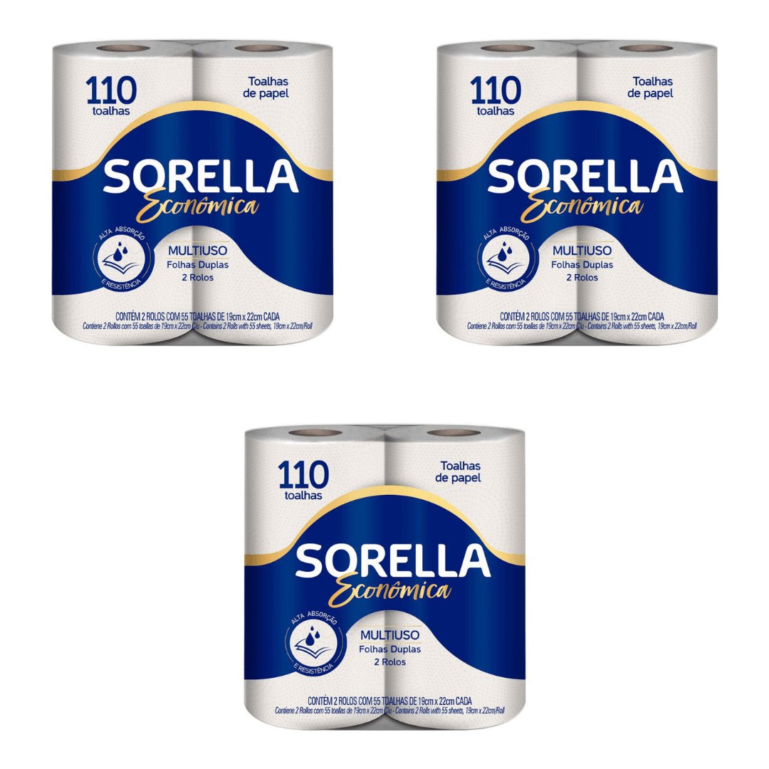 Kit 3 Pacotes de Papel Toalha Sorella Econômica para cozinha com 2 rolos - e - dona