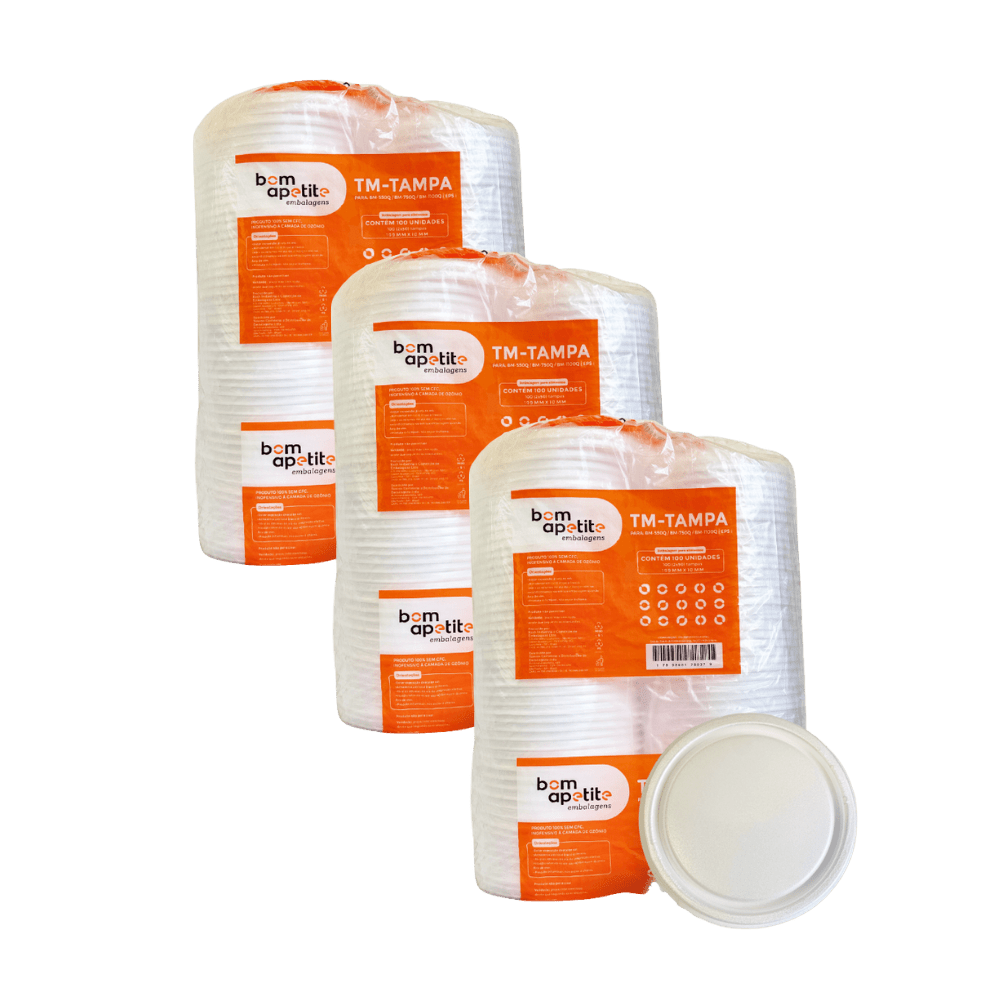 Kit 3 Pacotes Tampa Marmitex Isopor Bom Apetite 500/750/1100ML