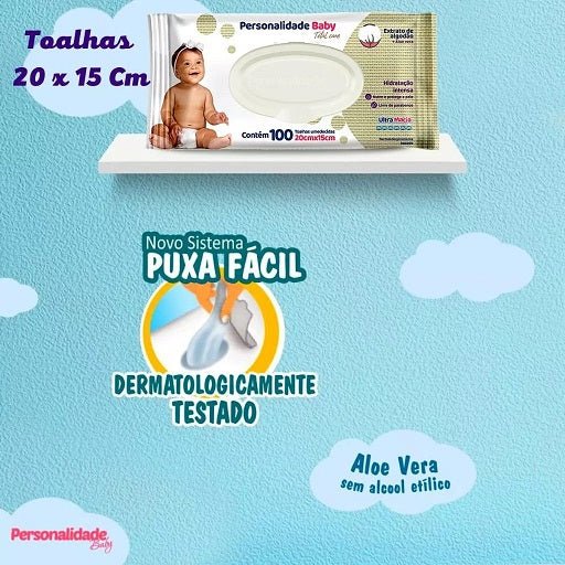 Kit 3 Pacotes de Toalha Umedecida Personalidade Baby Total Care 20x15cm com 100 lenços cada - e - dona