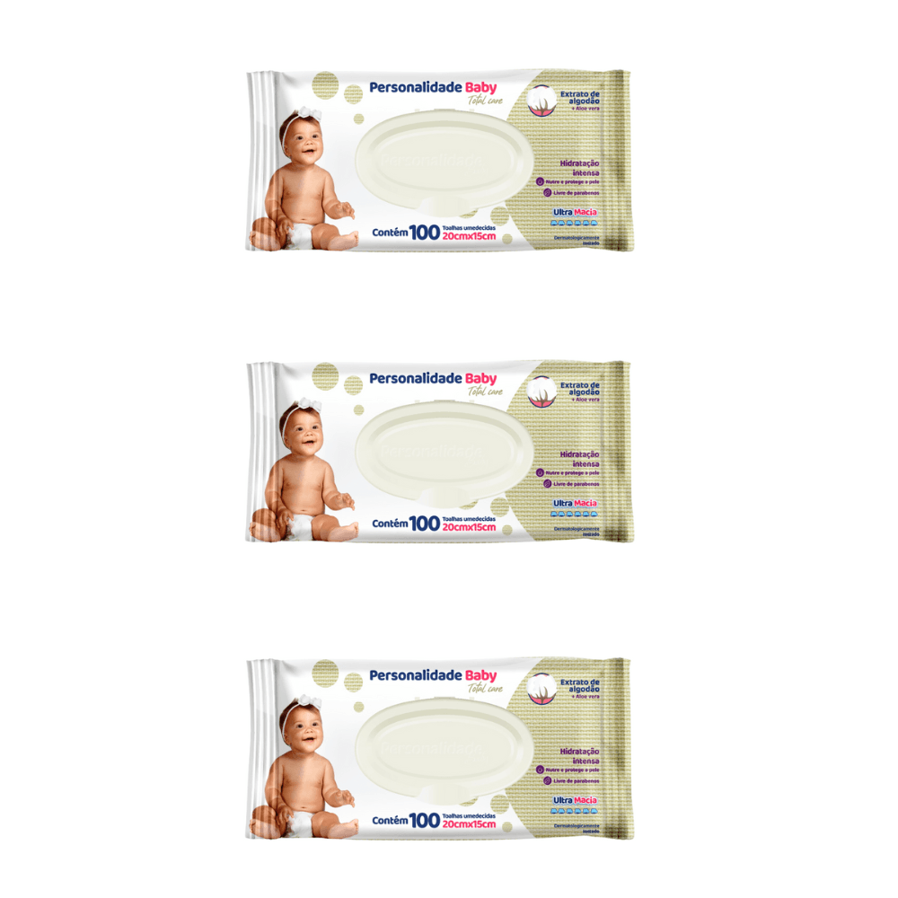 Kit 3 Pacotes de Toalha Umedecida Personalidade Baby Total Care 20x15cm com 100 lenços cada - e - dona