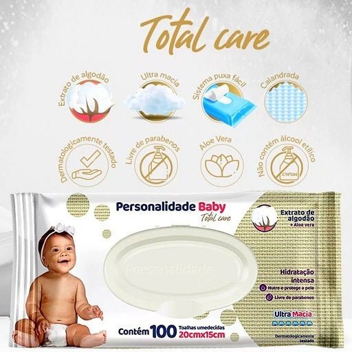 Kit 3 Pacotes de Toalha Umedecida Personalidade Baby Total Care 20x15cm com 100 lenços cada - e - dona