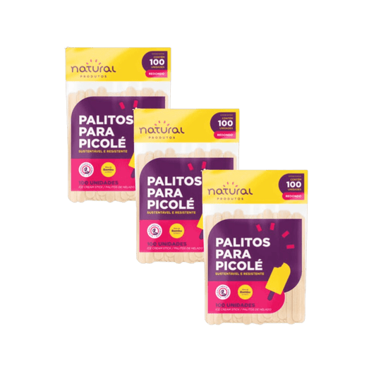 Kit 3 Pacotes Palito de Picolé de Bambu Redondo Natural Com 100 Unidades - e - dona