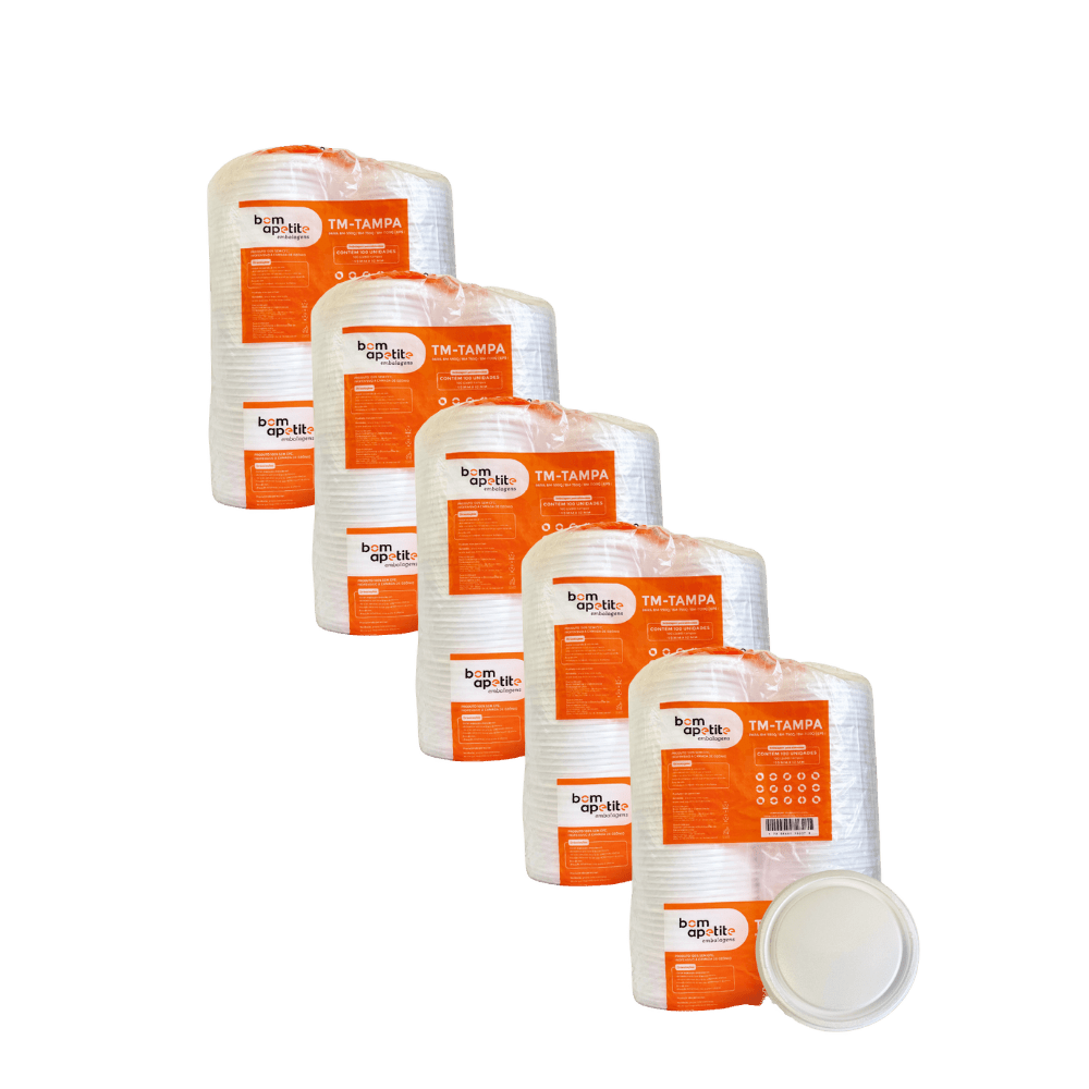 Kit 5 Pacotes Tampa Marmitex Isopor Bom Apetite 500/750/1100ML