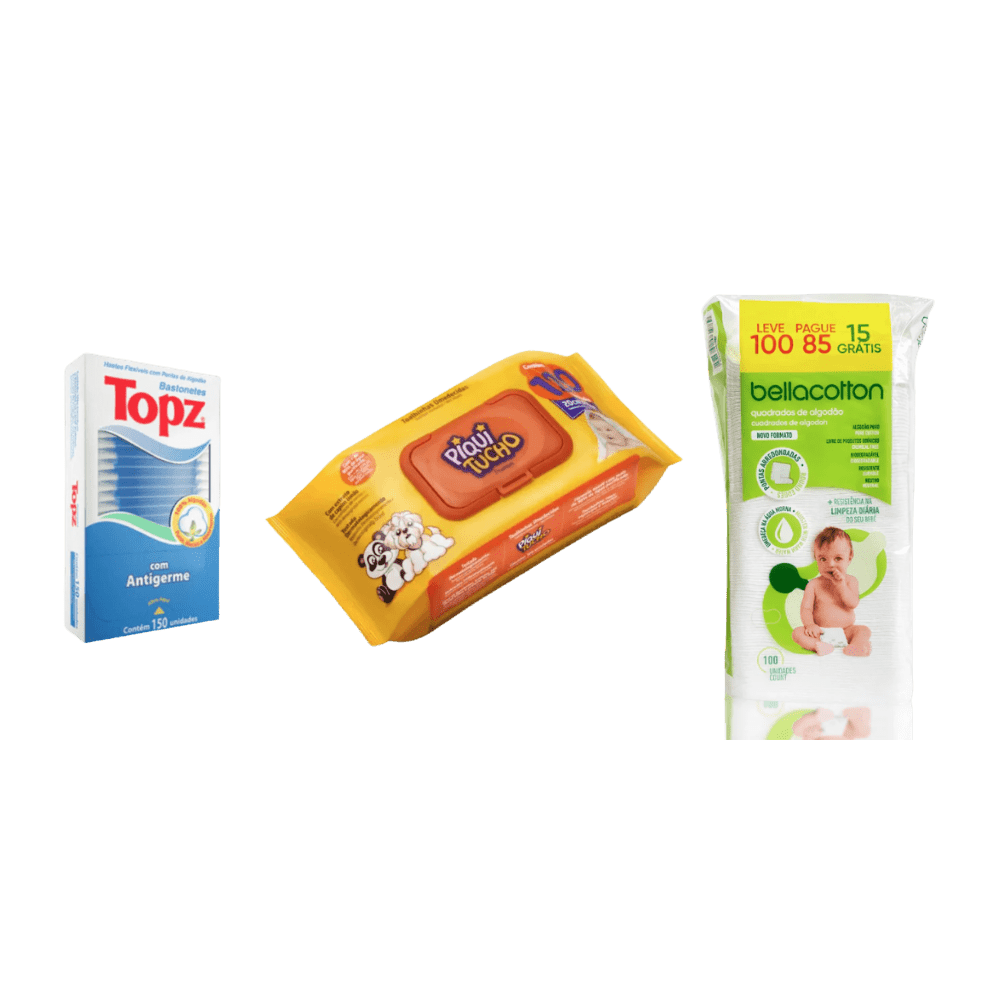 À esquerda, uma caixa de Hastes Flexíveis Topz com pontas de algodão antigerme (150 unidades). Ao centro, um pacote amarelo de Toalhas Umedecidas Piqui Tucho com tampa plástica rígida, exibindo ilustrações de filhotes e um bebê. À direita, um pacote vertical de Quadrados de Algodão Bellacotton em uma embalagem promocional "Leve 100 Pague 85", apresentando a foto de um bebê sentado.