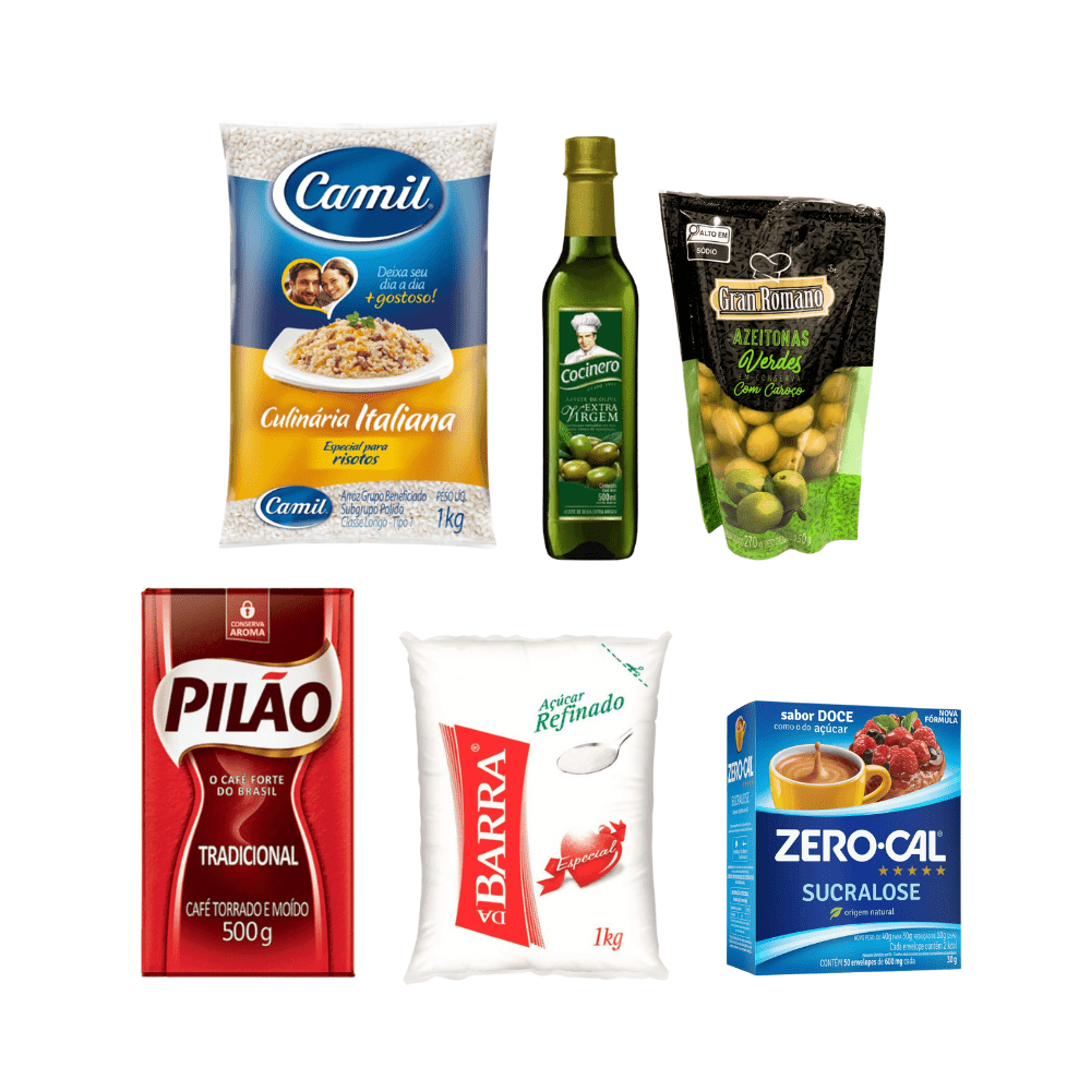Seis produtos de supermercado: Arroz Camil para risoto, Azeite Gallo, Azeitonas Granbianchi, Café Pilão Tradicional, Açúcar Refinado Barra e Adoçante Zero-Cal Sucralose.