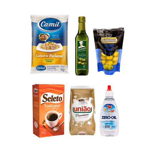 Kit Arroz Culinaria Italiana Camil 1kg + Azeite Cocinero 500ml + Azeitonas Verde 120g + Café Seleto 500g + União Premium 1kg + Adoçante Zero Cal 100ml - e - dona