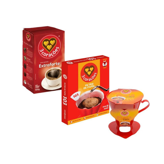 Kit Café 3 Corações Extra Forte + Filtro de Papel + Suporte - e - dona