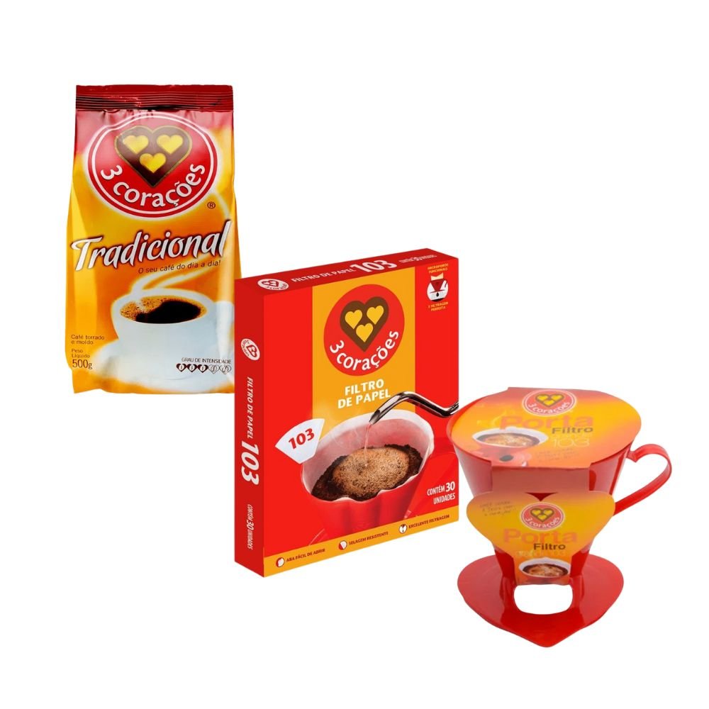 Kit Café 3 Corações Tradicional + Filtro de Papel 103 + Suporte - e - dona