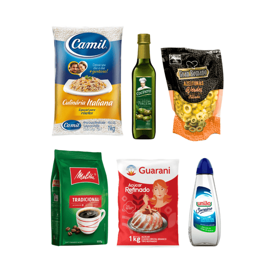 Kit Café Melitta 500g + Açúcar Guarani 1kg + Adoçante Líquido União 65ml + Arroz Culinária Italiana Camil 1kg + Azeite de Oliva Cocinero 500ml + Azeitona Verde Fatiada 120g - e - dona