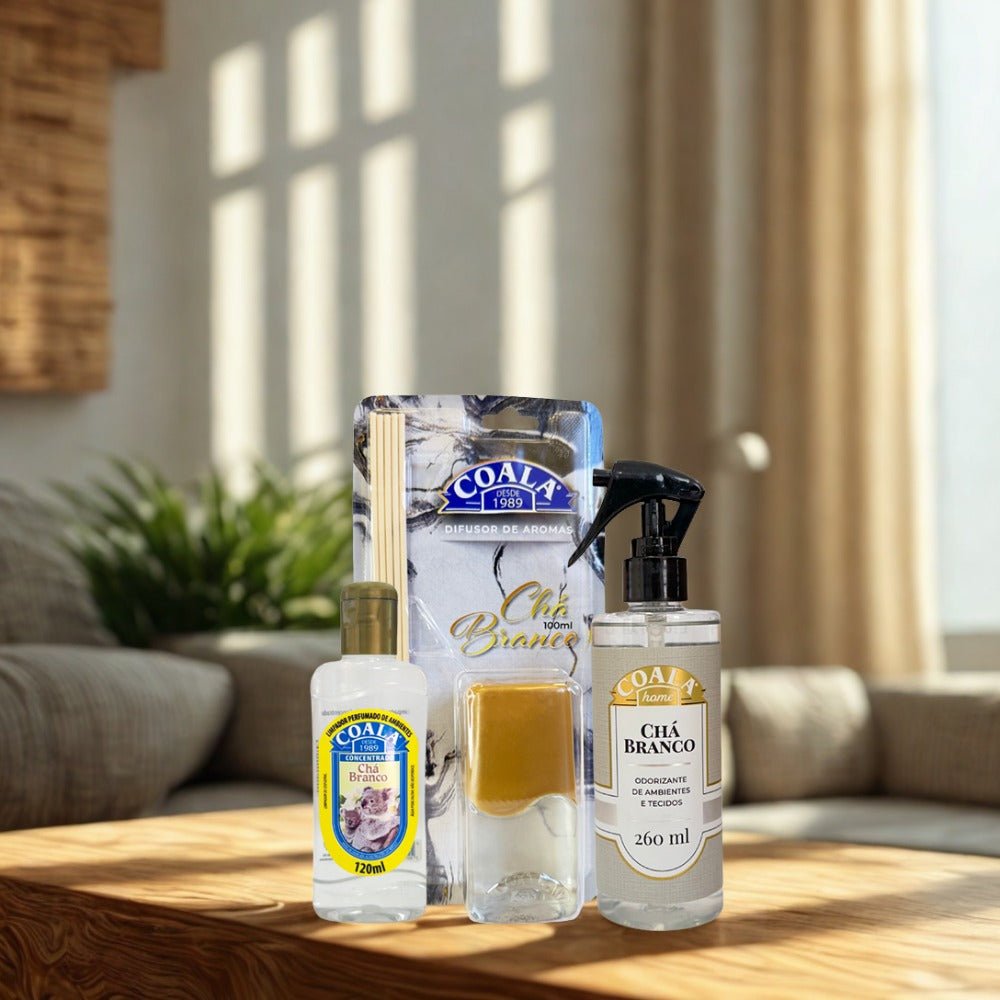 Kit Chá Branco Coala Essência 120ml + Difusor 100ml + Odorizador Spray 260ml - e - dona