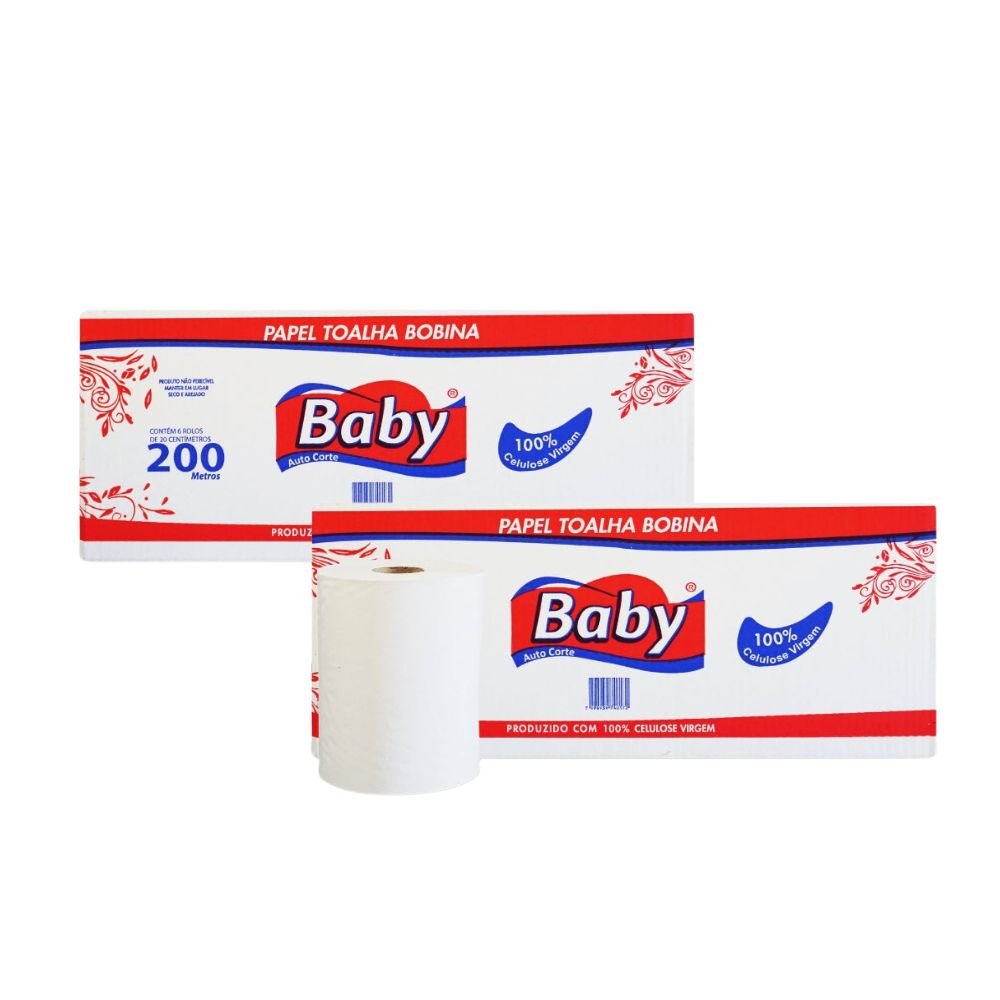 Kit com 2 Papel Toalha Bobina 100% celulose Baby com 6 rolos de 200 metros - e - dona