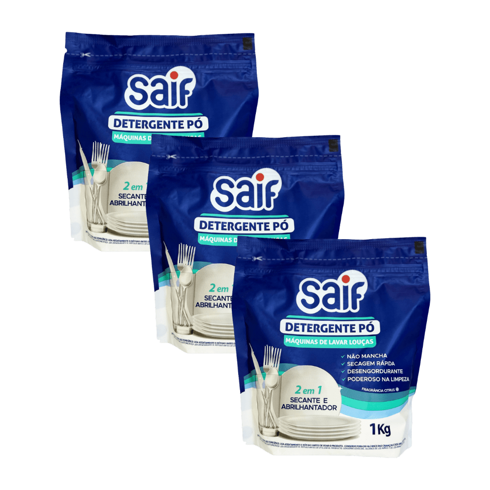 Kit com 3 Detergentes em Pó Saif Lava Louças 1kg Cada - e - dona