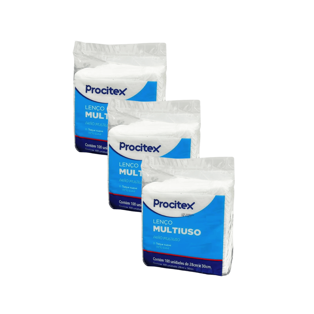 Três pacotes de lenços multiuso da marca Procitex dispostos em diagonal. Cada embalagem plástica transparente contém lenços de papel ou material similar, e possui um rótulo azul com o logotipo branco da Procitex e a descrição "LENÇO MULTIUSO", destacando suas aplicações como "PANO MULTIUSO", "SECAR LOUÇAS" e "LIMPEZA GERAL". Na parte inferior do rótulo, está escrito: "Contém 100 unidades de 28cm x 30cm".