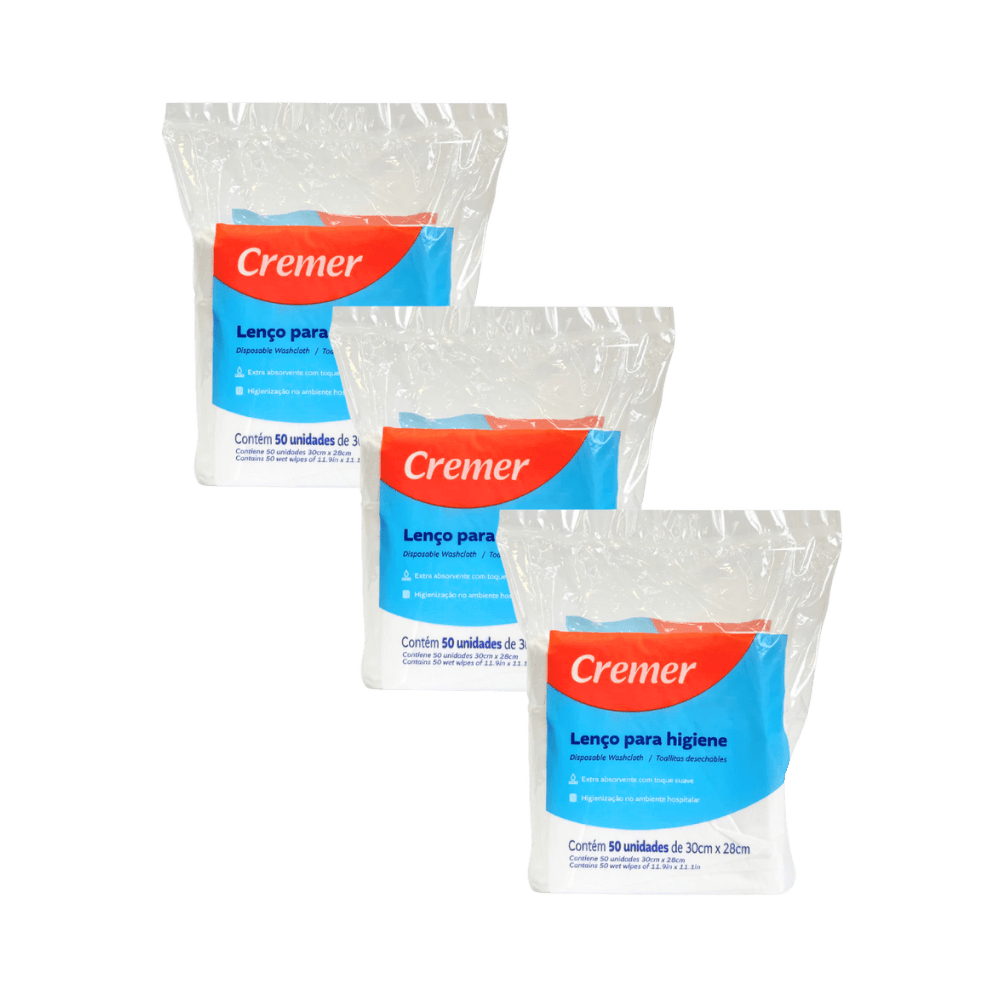 Três pacotes de lenços para higiene da marca Cremer. Cada embalagem plástica transparente possui rótulo vermelho e azul, com a marca Cremer e a indicação "Lenço para higiene". Contém 50 unidades de lenços descartáveis de 30cm x 28cm.