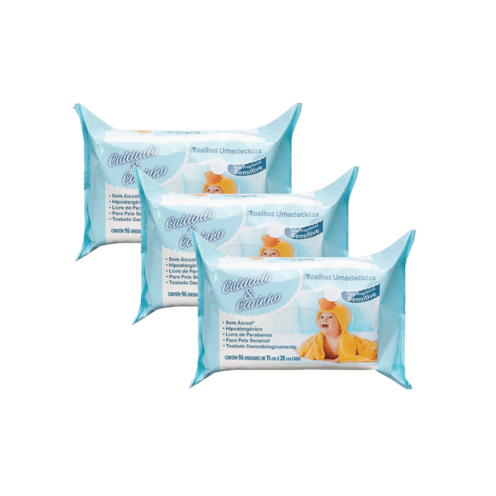 Kit com 3 Pacotes de Lenços Umedecidos Sensitive 96 Unidades Cada - e - dona