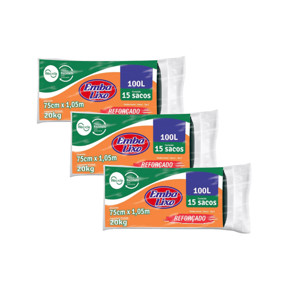 Kit com 3 Pacotes de Sacos de Lixo 100L Preto - e - dona