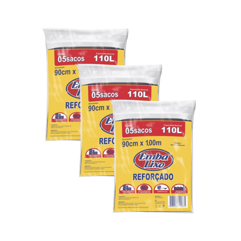 Kit com 3 Pacotes de Sacos de Lixo 110L Preto - e - dona