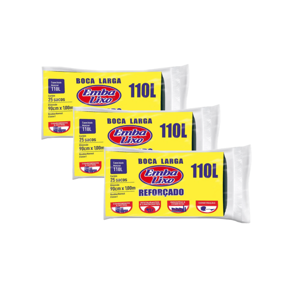 Kit com 3 Pacotes de Sacos de Lixo 110L Preto Rolinho - e - dona