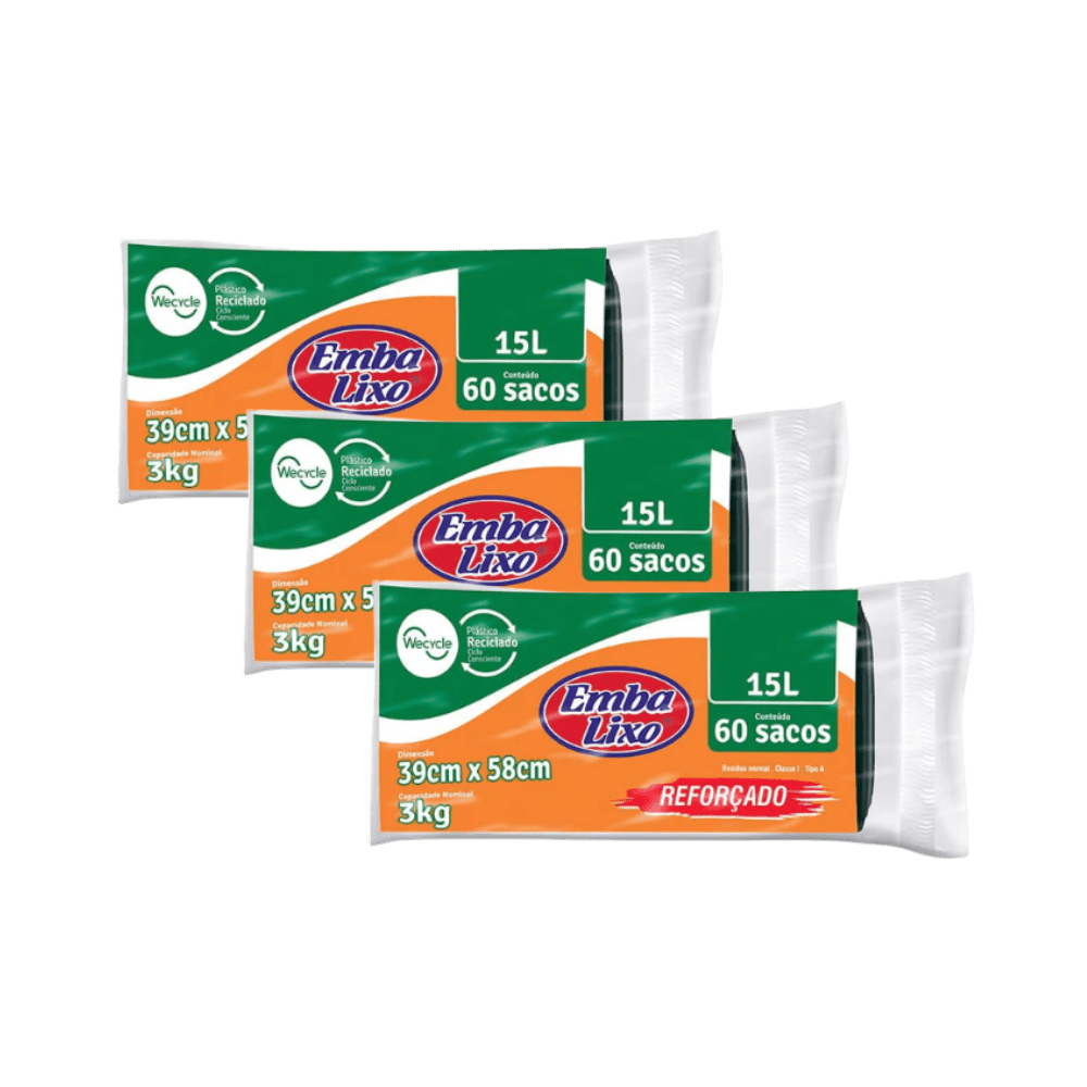 Kit com 3 Pacotes de Sacos de Lixo 15L Preto - e - dona