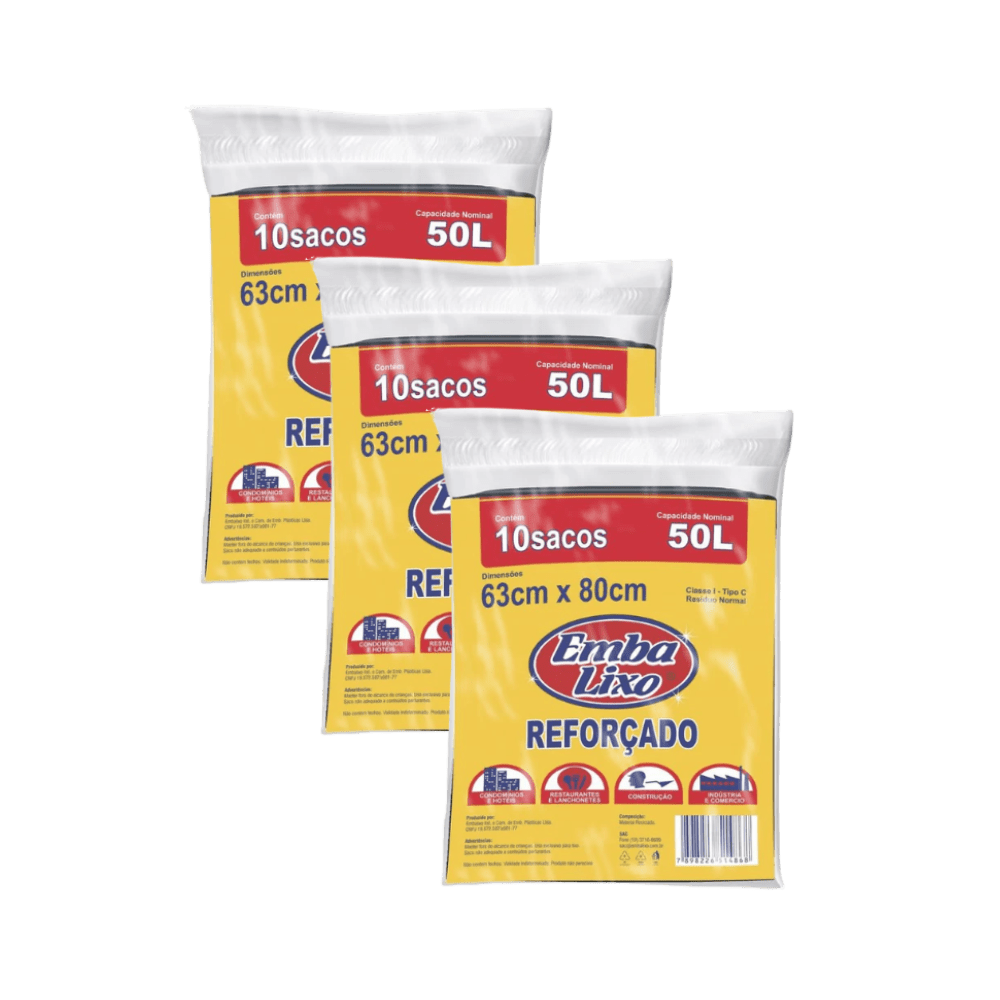 Kit com 3 Pacotes de Sacos de Lixo 50L Preto - e - dona