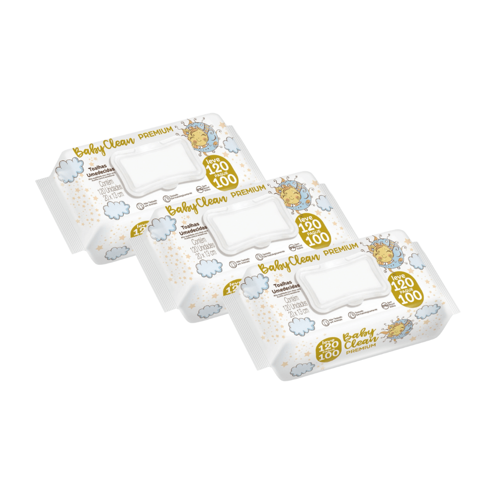 Kit com 3 Pacotes de Toalha Umedecida Baby Clean Premium - e - dona
